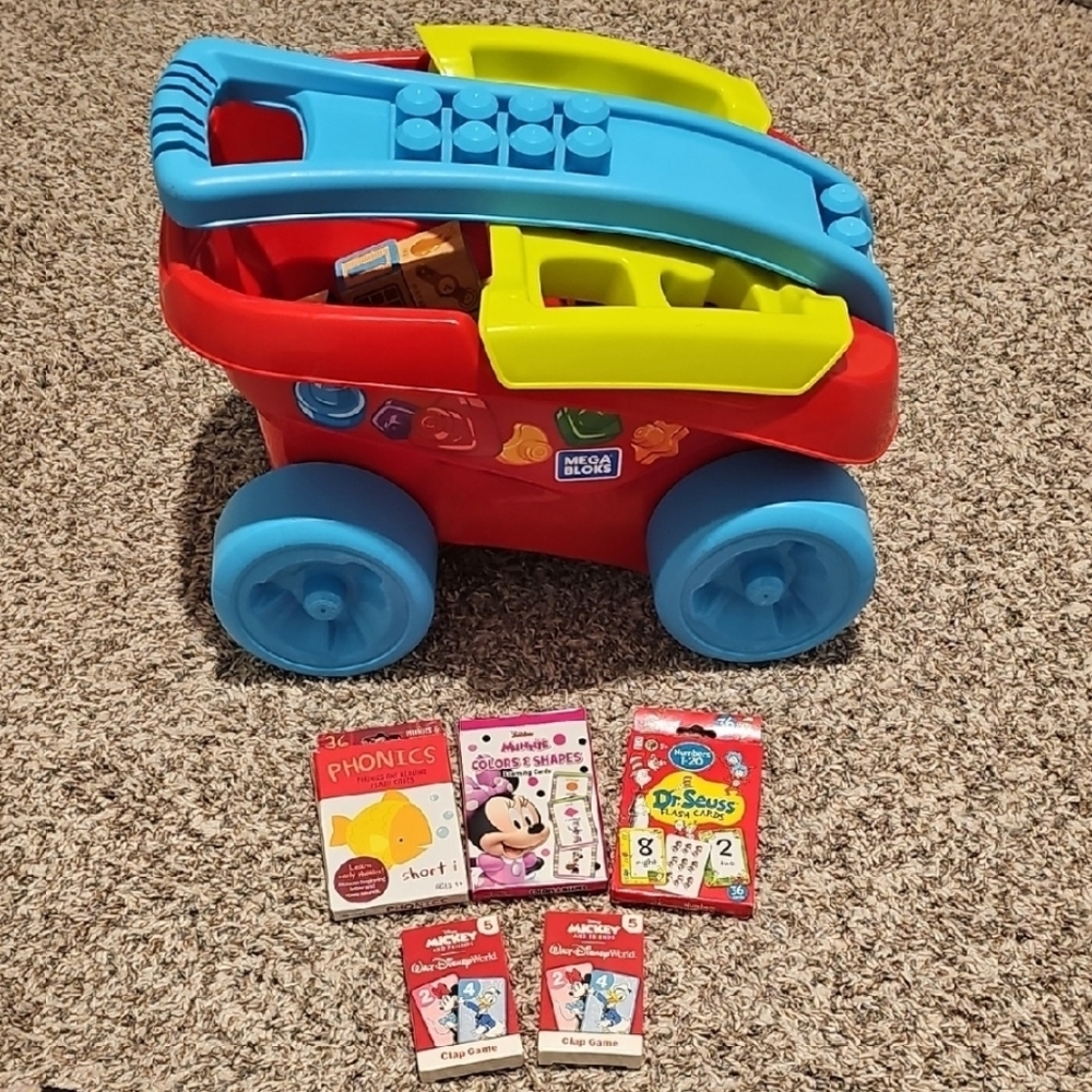 Mega Bloks Colorful Ride-Along Wagon, Wooden Blocks, And Educational Cards Bundl